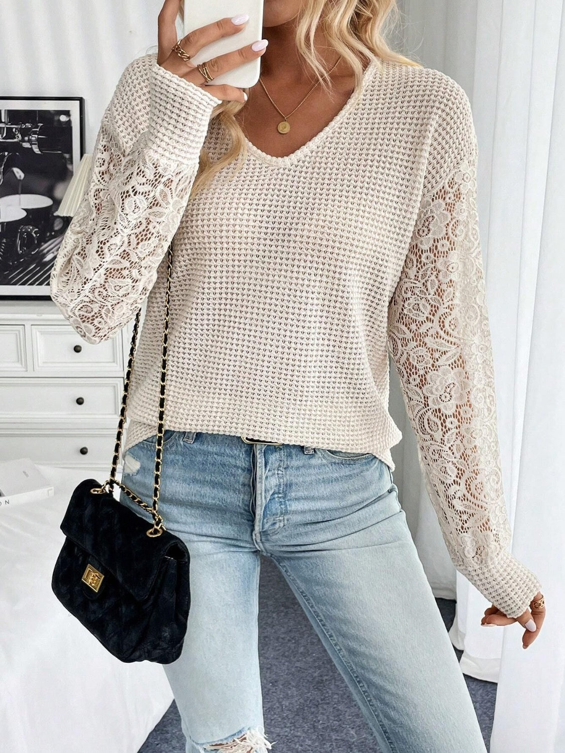 Lace V-Neck Long Sleeve Top