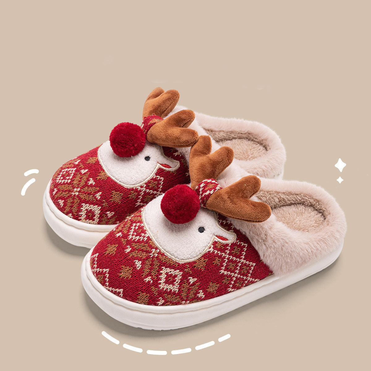 Cute Christmas Elk Plush Slippers in red